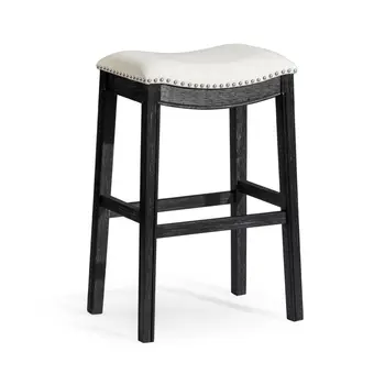 31" White and Black Fabric and Solid Wood Backless Bar Height Bar Chair