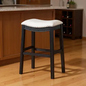 31" White and Black Fabric and Solid Wood Backless Bar Height Bar Chair