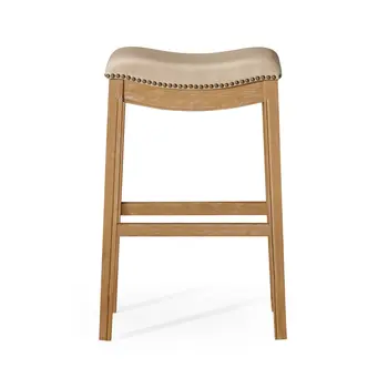31" Beige and Natural Faux Leather and Solid Wood Backless Bar Height Bar Chair