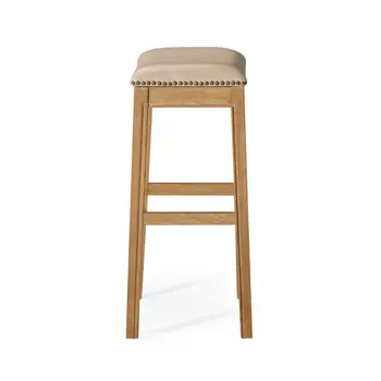 31" Beige and Natural Faux Leather and Solid Wood Backless Bar Height Bar Chair
