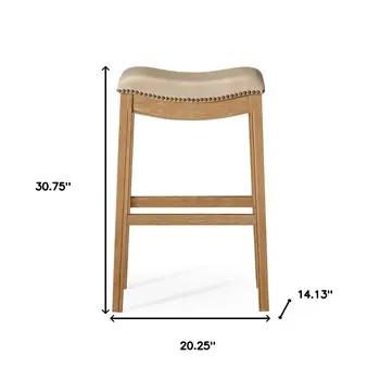 31" Beige and Natural Faux Leather and Solid Wood Backless Bar Height Bar Chair