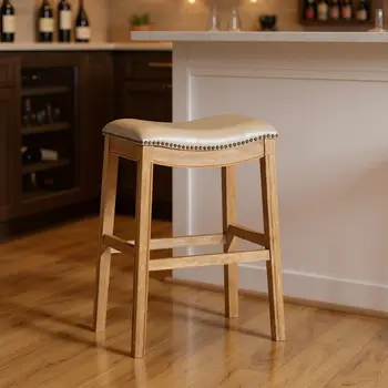 31" Beige and Natural Faux Leather and Solid Wood Backless Bar Height Bar Chair