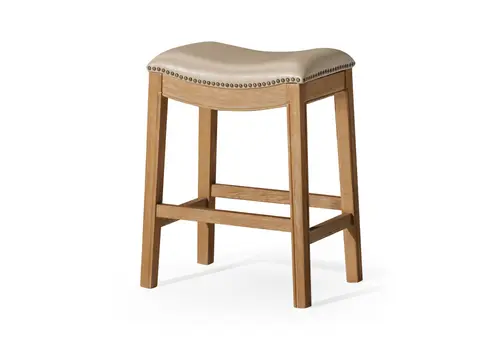 26" Beige and Natural Faux Leather and Solid Wood Backless Counter Height Bar Chair