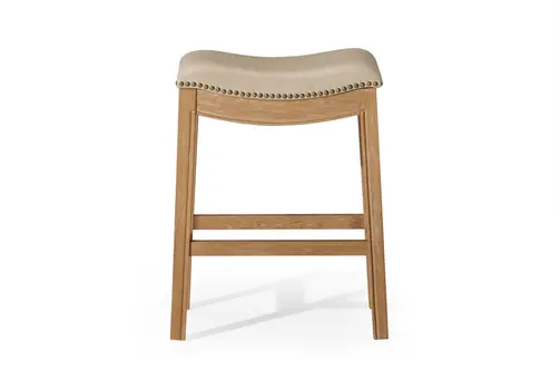 26" Beige and Natural Faux Leather and Solid Wood Backless Counter Height Bar Chair