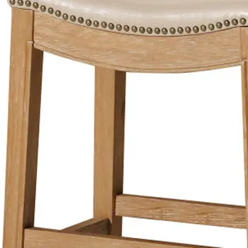 26" Beige and Natural Faux Leather and Solid Wood Backless Counter Height Bar Chair