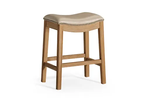 26" Beige and Natural Faux Leather and Solid Wood Backless Counter Height Bar Chair