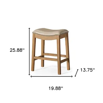 26" Beige and Natural Faux Leather and Solid Wood Backless Counter Height Bar Chair