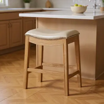 26" Beige and Natural Faux Leather and Solid Wood Backless Counter Height Bar Chair