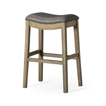 31" Stone and Oak Faux Leather and Solid Wood Backless Bar Height Bar Chair