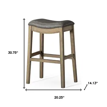 31" Stone and Oak Faux Leather and Solid Wood Backless Bar Height Bar Chair