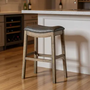 31" Stone and Oak Faux Leather and Solid Wood Backless Bar Height Bar Chair