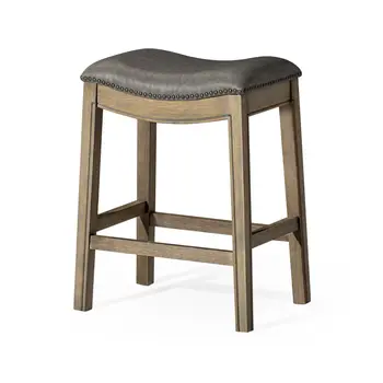 26" Stone and Oak Faux Leather and Solid Wood Backless Counter Height Bar Chair