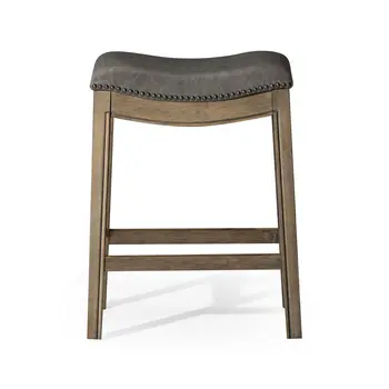 26" Stone and Oak Faux Leather and Solid Wood Backless Counter Height Bar Chair