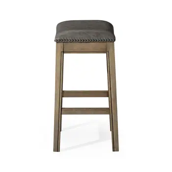 26" Stone and Oak Faux Leather and Solid Wood Backless Counter Height Bar Chair