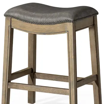 26" Stone and Oak Faux Leather and Solid Wood Backless Counter Height Bar Chair