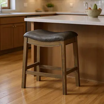 26" Stone and Oak Faux Leather and Solid Wood Backless Counter Height Bar Chair