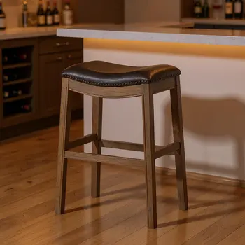 31" Brown Faux Leather and Solid Wood Backless Bar Height Bar Chair