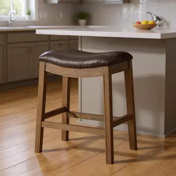 26" Brown Faux Leather and Solid Wood Backless Counter Height Bar Chair
