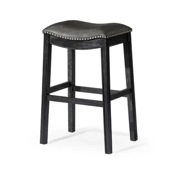 31" Charcoal and Black Faux Leather and Solid Wood Backless Bar Height Bar Chair