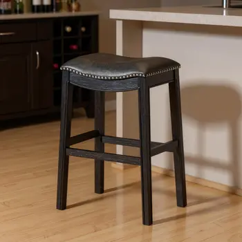31" Charcoal and Black Faux Leather and Solid Wood Backless Bar Height Bar Chair