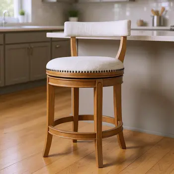 26" Sand and Natural Fabric and Solid Wood Low Back Counter Height Swivel Bar Chair