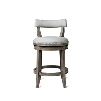26" Gray and Oak Fabric and Solid Wood Low Back Counter Height Swivel Bar Chair