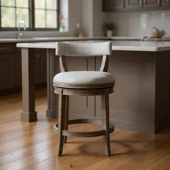 26" Gray and Oak Fabric and Solid Wood Low Back Counter Height Swivel Bar Chair