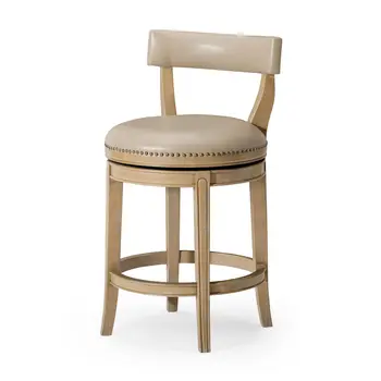 26" Beige and Natural Faux Leather and Solid Wood Low Back Counter Height Swivel Bar Chair
