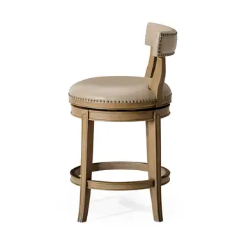 26" Beige and Natural Faux Leather and Solid Wood Low Back Counter Height Swivel Bar Chair