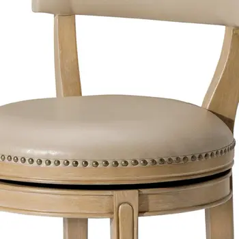 26" Beige and Natural Faux Leather and Solid Wood Low Back Counter Height Swivel Bar Chair