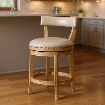 26" Beige and Natural Faux Leather and Solid Wood Low Back Counter Height Swivel Bar Chair