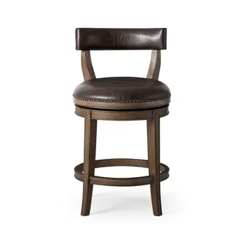 26" Brown Faux Leather and Solid Wood Low Back Counter Height Swivel Bar Chair