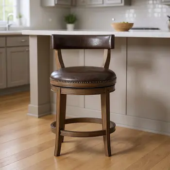 26" Brown Faux Leather and Solid Wood Low Back Counter Height Swivel Bar Chair