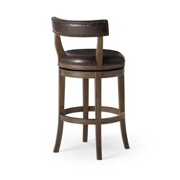 31" Brown Faux Leather and Solid Wood Low Back Bar Height Swivel Bar Chair