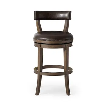 31" Brown Faux Leather and Solid Wood Low Back Bar Height Swivel Bar Chair