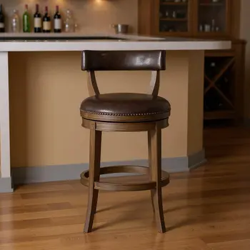 31" Brown Faux Leather and Solid Wood Low Back Bar Height Swivel Bar Chair