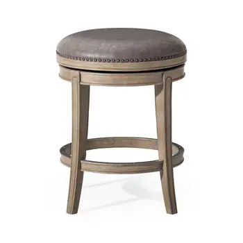26" Stone and Gray Faux Leather and Solid Wood Backless Counter Height Swivel Bar Chair