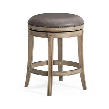 26" Stone and Gray Faux Leather and Solid Wood Backless Counter Height Swivel Bar Chair