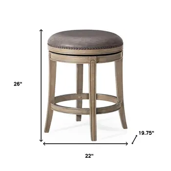 26" Stone and Gray Faux Leather and Solid Wood Backless Counter Height Swivel Bar Chair