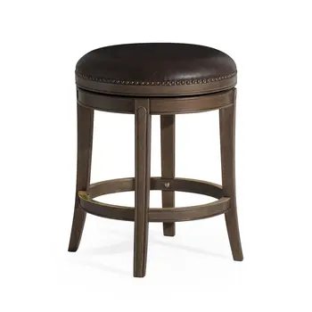 26" Brown Faux Leather and Solid Wood Backless Counter Height Swivel Bar Chair