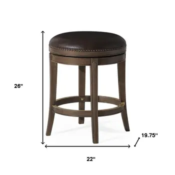 26" Brown Faux Leather and Solid Wood Backless Counter Height Swivel Bar Chair