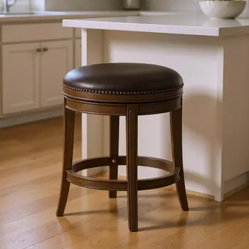 26" Brown Faux Leather and Solid Wood Backless Counter Height Swivel Bar Chair