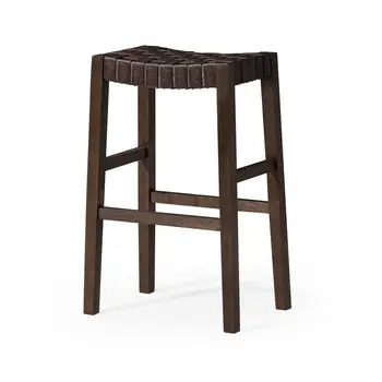 31" Brown Faux Leather and Solid Wood Backless Bar Height Bar Chair