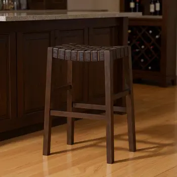 31" Brown Faux Leather and Solid Wood Backless Bar Height Bar Chair