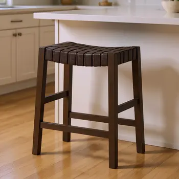 26" Brown Faux Leather and Solid Wood Backless Counter Height Bar Chair