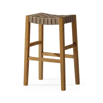 31" Stone and Natural Faux Leather and Solid Wood Backless Bar Height Bar Chair