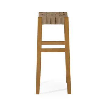 31" Stone and Natural Faux Leather and Solid Wood Backless Bar Height Bar Chair