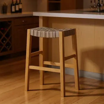 31" Stone and Natural Faux Leather and Solid Wood Backless Bar Height Bar Chair