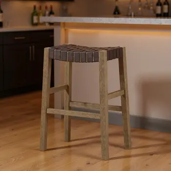 31" Stone and Gray Faux Leather and Solid Wood Backless Bar Height Bar Chair