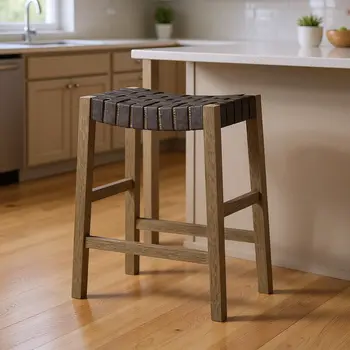 26" Stone and Gray Faux Leather and Solid Wood Backless Counter Height Bar Chair